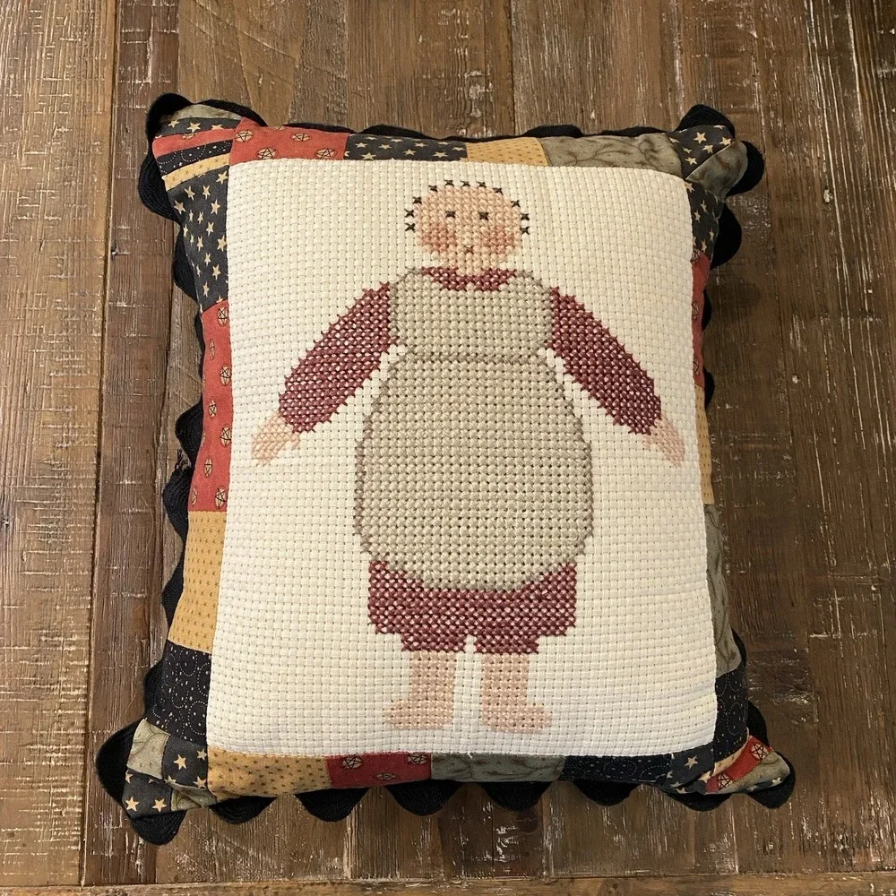 VTG Cross Stitch Pillow 1994 Folk Art Doll Country Primitive 14